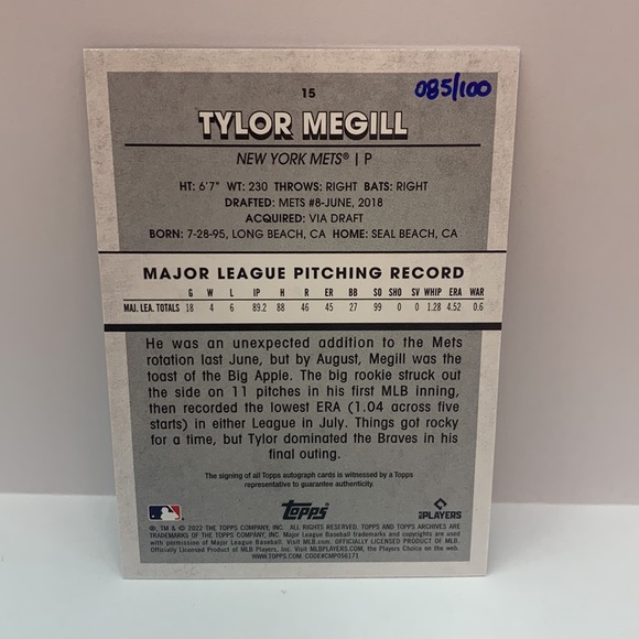 2022 Topps Archives Snapshots Tylor Megill Mets Rookie Auto 85/100 #15 (MISC7) - Picture 2 of 2